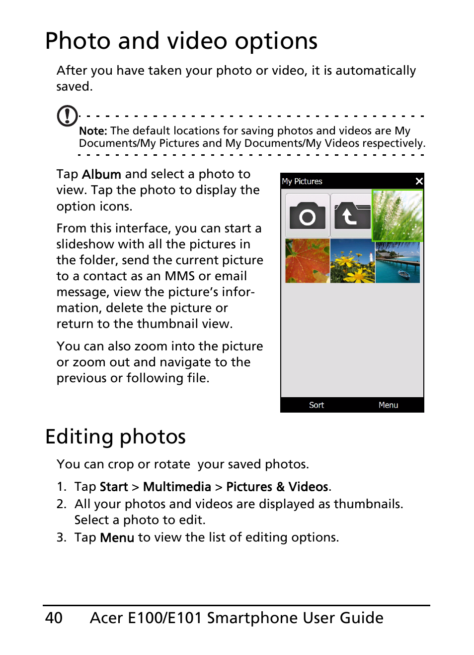 Photo and video options, Editing photos | Acer E101 User Manual | Page 40 / 90