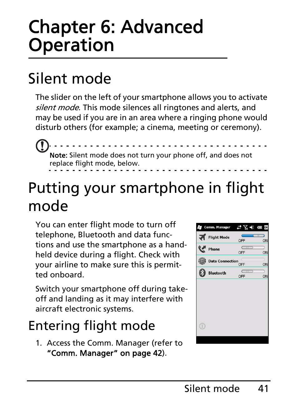 Silent mode, Putting your smartphone in flight mode, Chapter 6: advanced operation | Silent mode putting your smartphone in flight mode, Entering flight mode | Acer E101 User Manual | Page 41 / 90