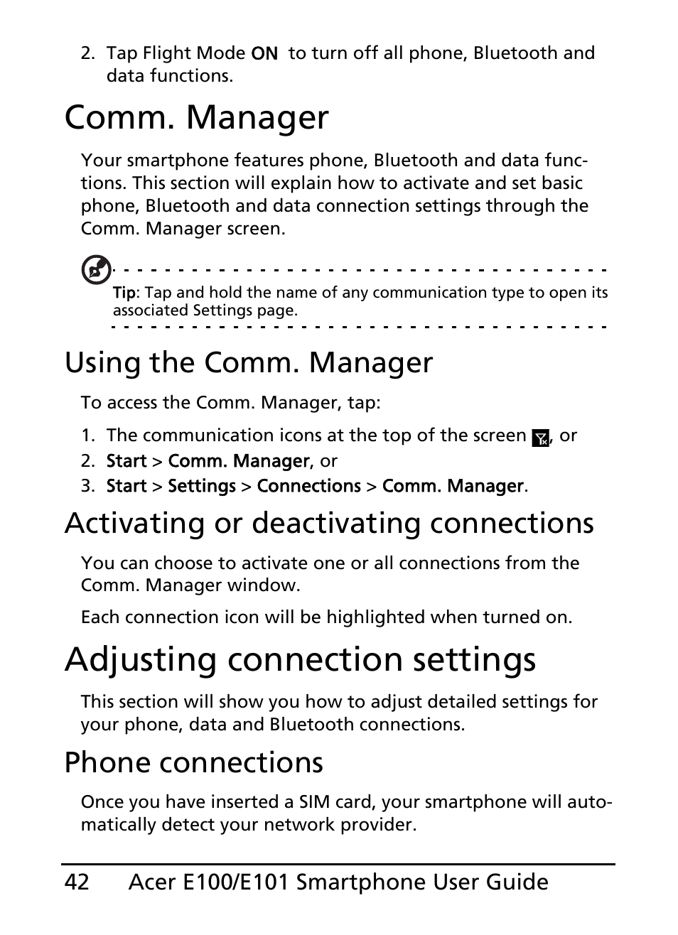 Comm. manager, Adjusting connection settings, Comm. manager adjusting connection settings | Using the comm. manager, Activating or deactivating connections, Phone connections | Acer E101 User Manual | Page 42 / 90