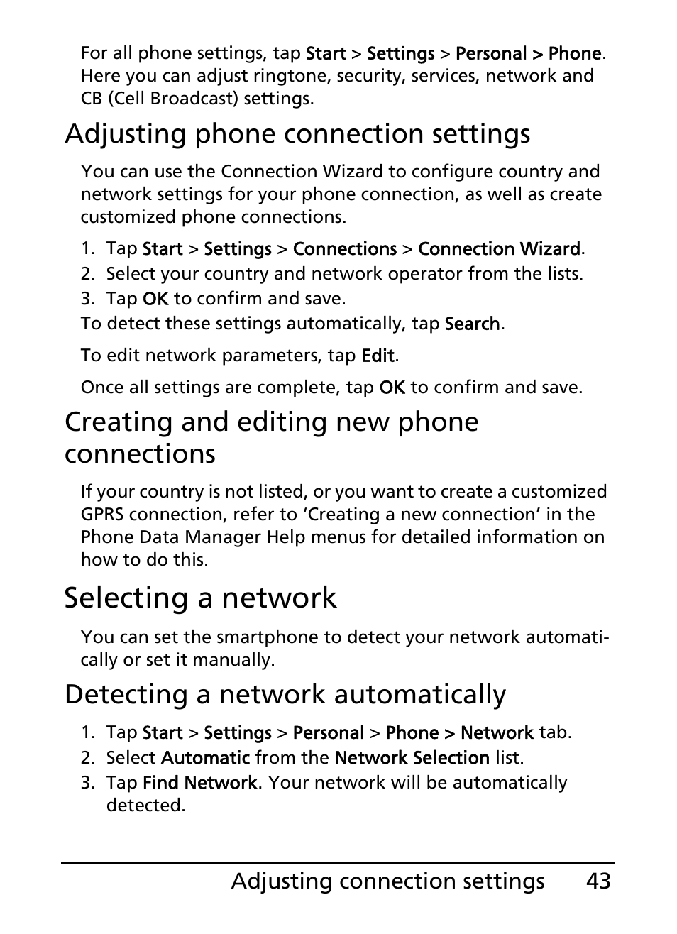 Selecting a network, Adjusting phone connection settings, Creating and editing new phone connections | Detecting a network automatically | Acer E101 User Manual | Page 43 / 90