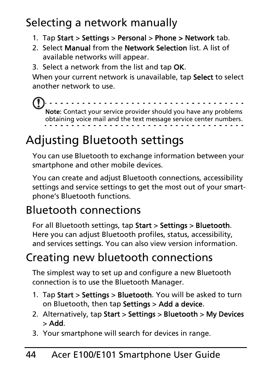 Adjusting bluetooth settings, Selecting a network manually, Bluetooth connections | Creating new bluetooth connections | Acer E101 User Manual | Page 44 / 90