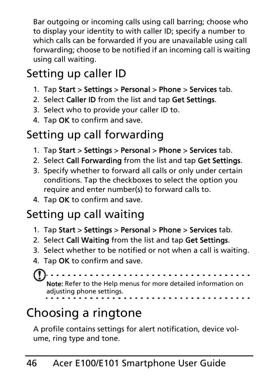 Choosing a ringtone, Setting up caller id, Setting up call forwarding | Setting up call waiting | Acer E101 User Manual | Page 46 / 90