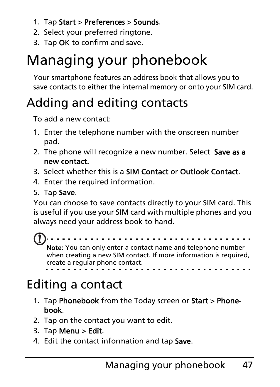 Managing your phonebook, Adding and editing contacts, Editing a contact | Acer E101 User Manual | Page 47 / 90