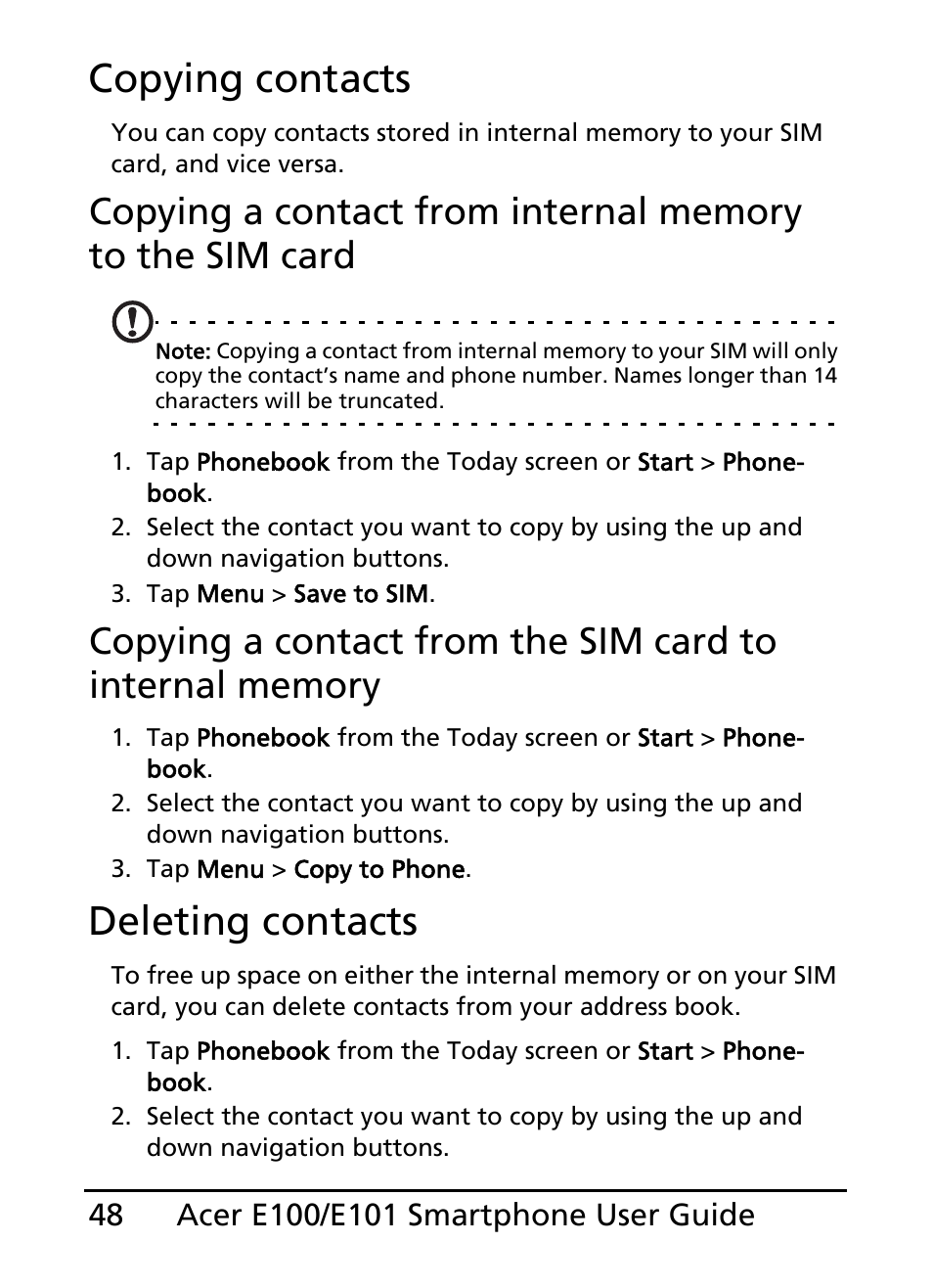 Copying contacts, Deleting contacts | Acer E101 User Manual | Page 48 / 90