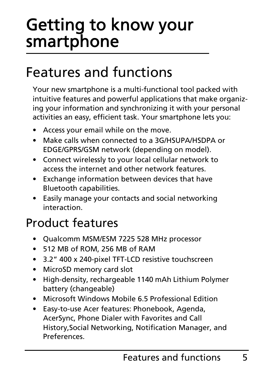 Features and functions, Getting to know your smartphone, Product features | Acer E101 User Manual | Page 5 / 90