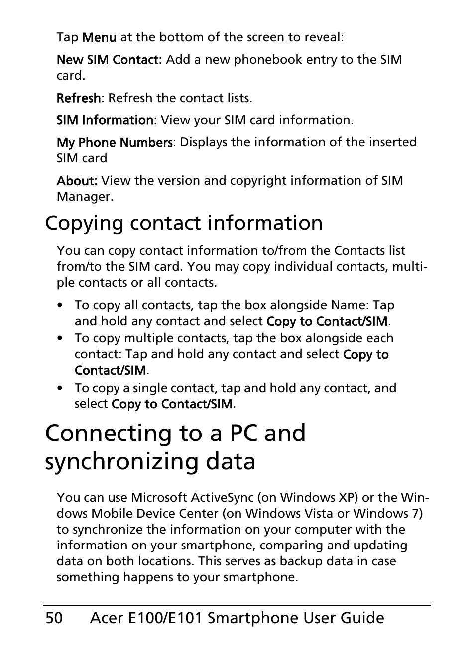 Connecting to a pc and synchronizing data, Copying contact information | Acer E101 User Manual | Page 50 / 90