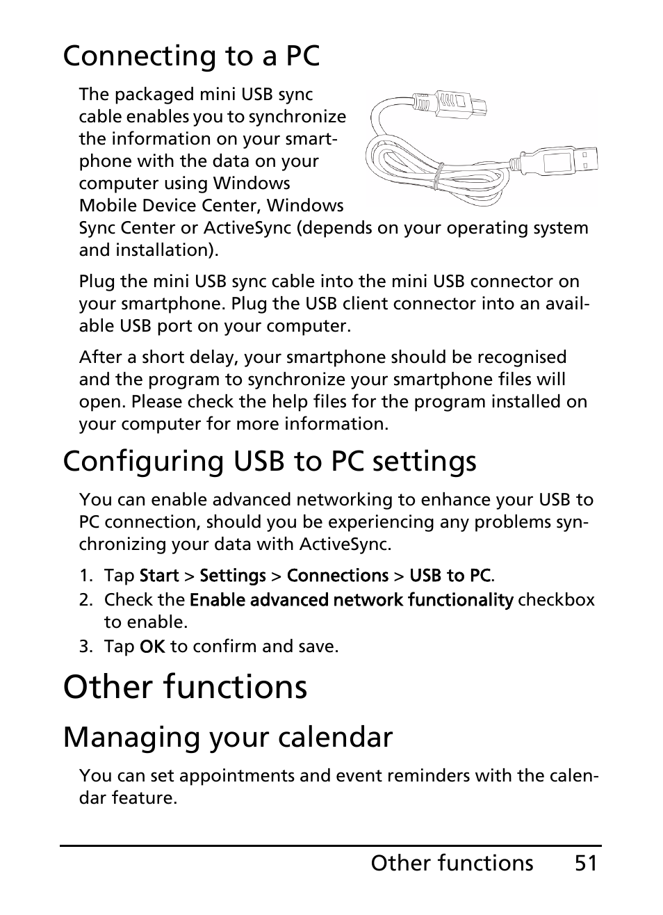 Other functions, Connecting to a pc, Configuring usb to pc settings | Managing your calendar | Acer E101 User Manual | Page 51 / 90