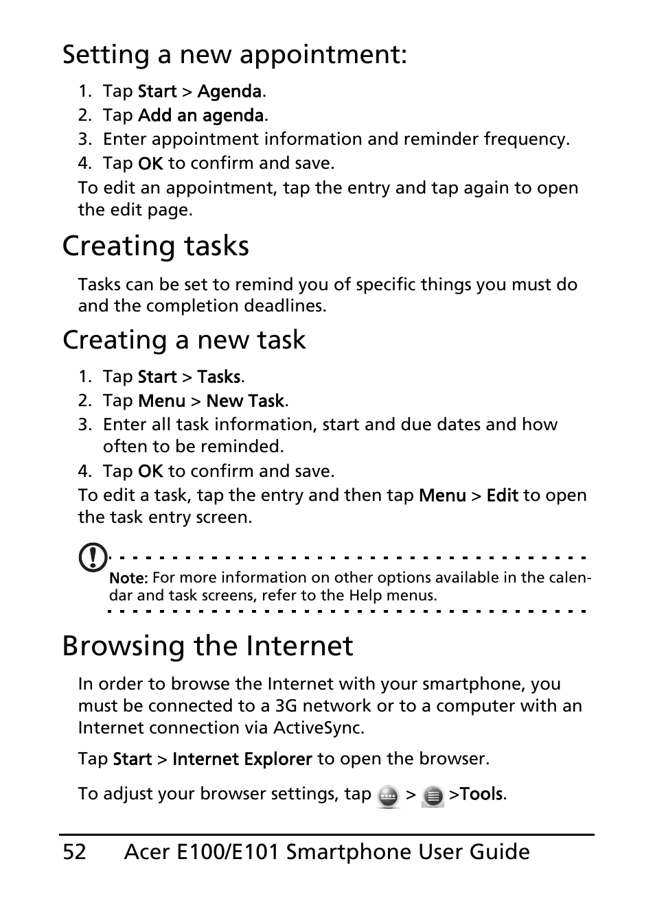 Creating tasks, Browsing the internet, Setting a new appointment | Creating a new task | Acer E101 User Manual | Page 52 / 90