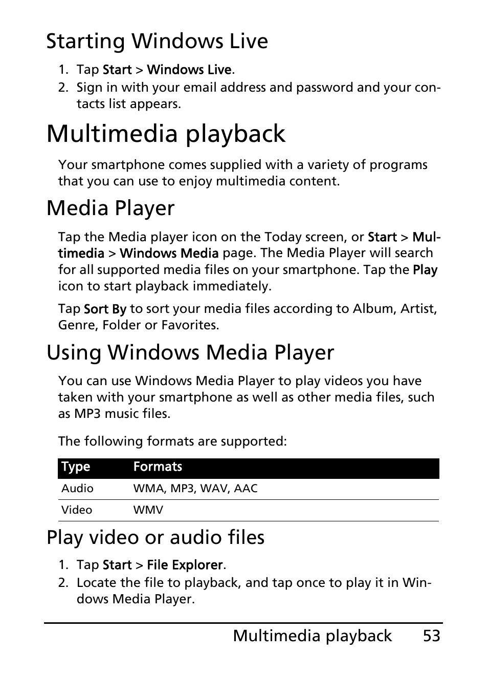 Multimedia playback, Starting windows live, Media player | Using windows media player, Play video or audio files | Acer E101 User Manual | Page 53 / 90