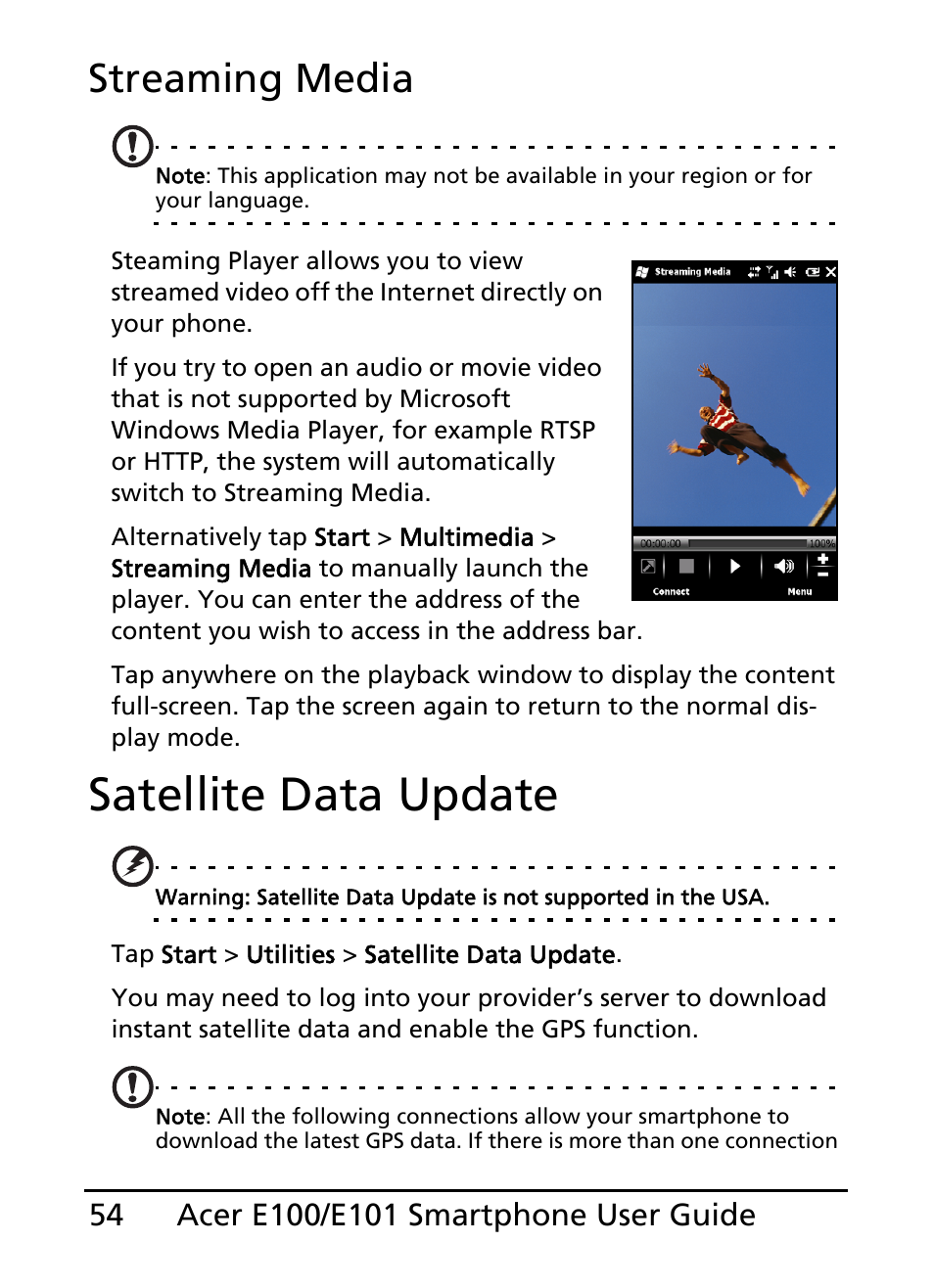 Satellite data update, Streaming media | Acer E101 User Manual | Page 54 / 90