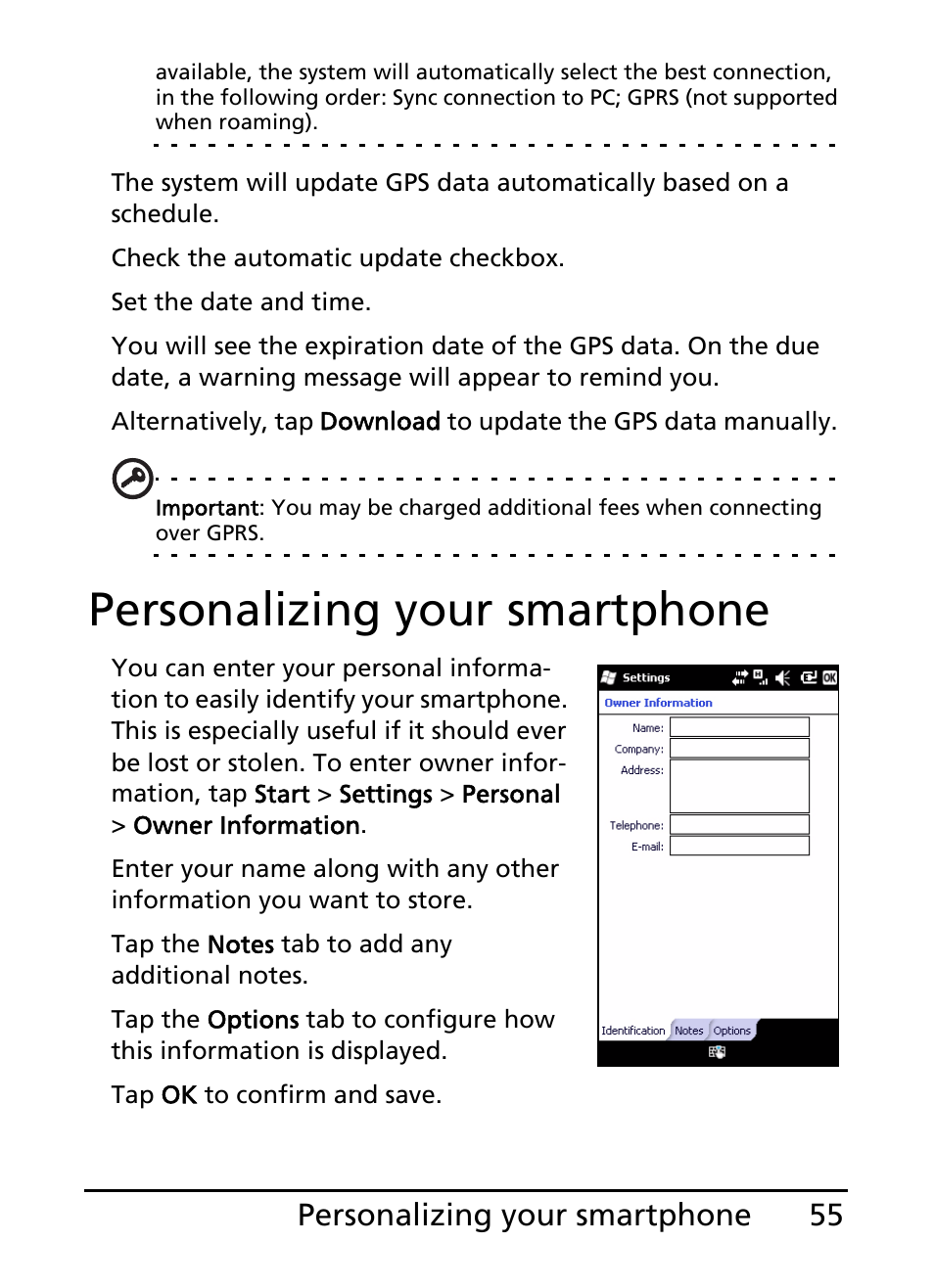 Personalizing your smartphone, 55 personalizing your smartphone | Acer E101 User Manual | Page 55 / 90