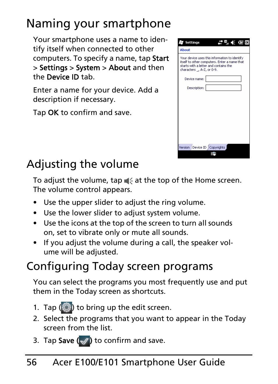 Naming your smartphone, Adjusting the volume, Configuring today screen programs | Acer E101 User Manual | Page 56 / 90