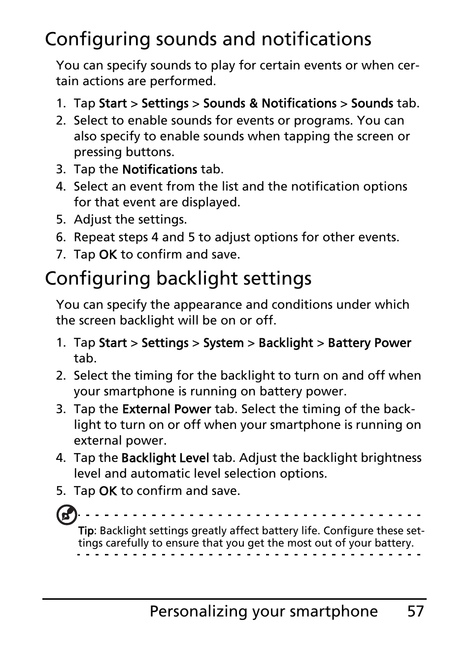 Configuring sounds and notifications, Configuring backlight settings, 57 personalizing your smartphone | Acer E101 User Manual | Page 57 / 90