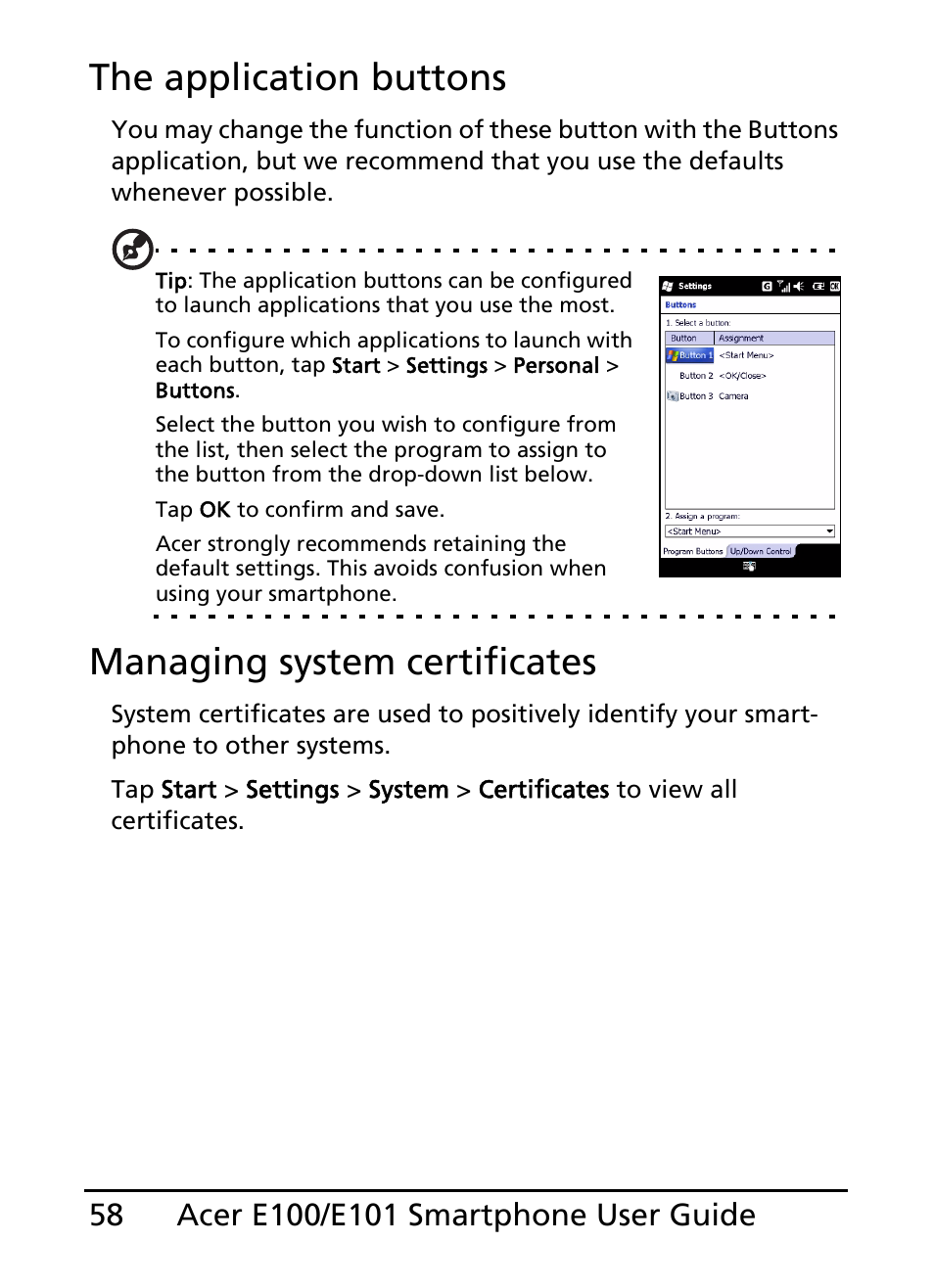 The application buttons, Managing system certificates | Acer E101 User Manual | Page 58 / 90