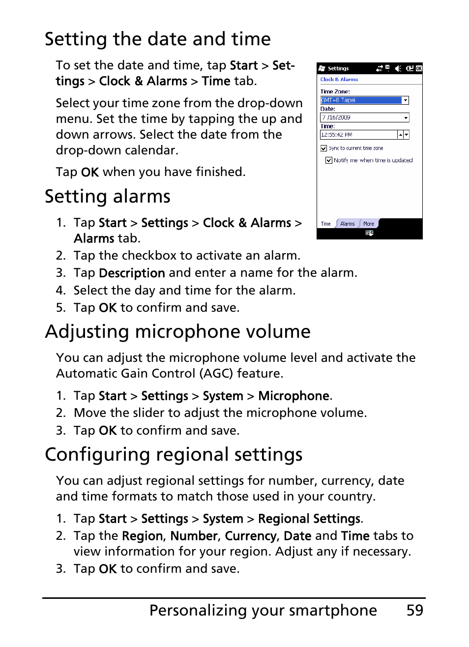 Setting the date and time, Setting alarms, Adjusting microphone volume | Configuring regional settings | Acer E101 User Manual | Page 59 / 90