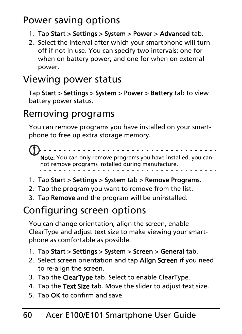 Power saving options, Viewing power status, Removing programs | Configuring screen options | Acer E101 User Manual | Page 60 / 90