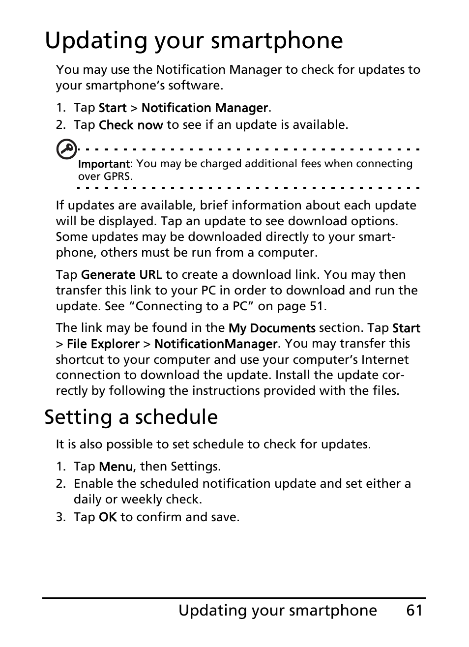 Updating your smartphone, Setting a schedule | Acer E101 User Manual | Page 61 / 90