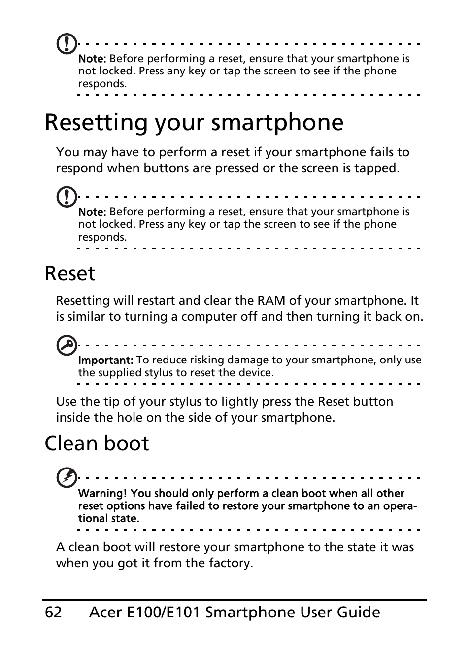 Resetting your smartphone, Reset, Clean boot | Acer E101 User Manual | Page 62 / 90