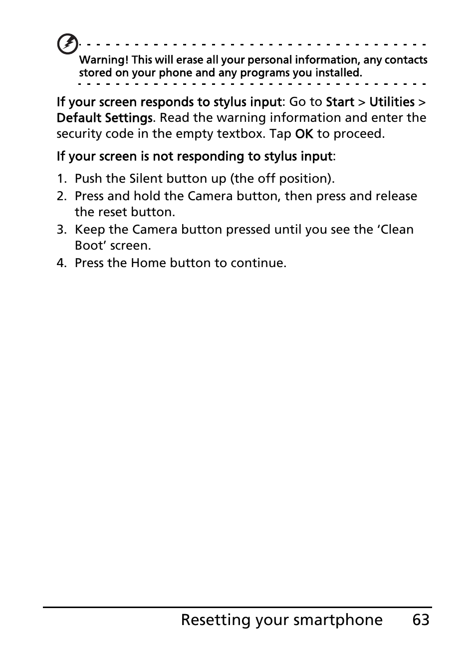63 resetting your smartphone | Acer E101 User Manual | Page 63 / 90