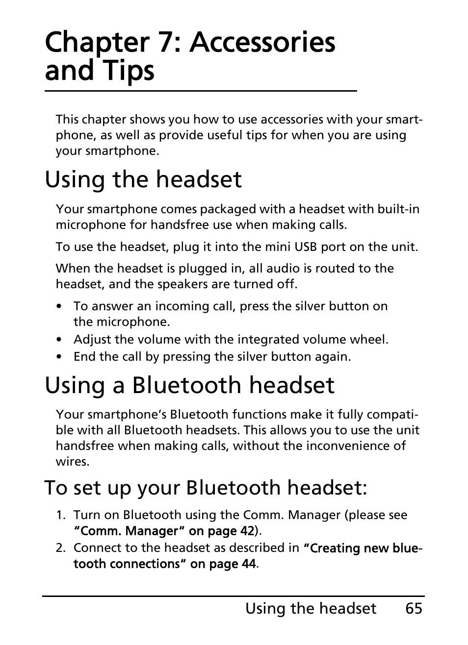 Using the headset, Using a bluetooth headset, Chapter 7: accessories and tips | Using the headset using a bluetooth headset | Acer E101 User Manual | Page 65 / 90