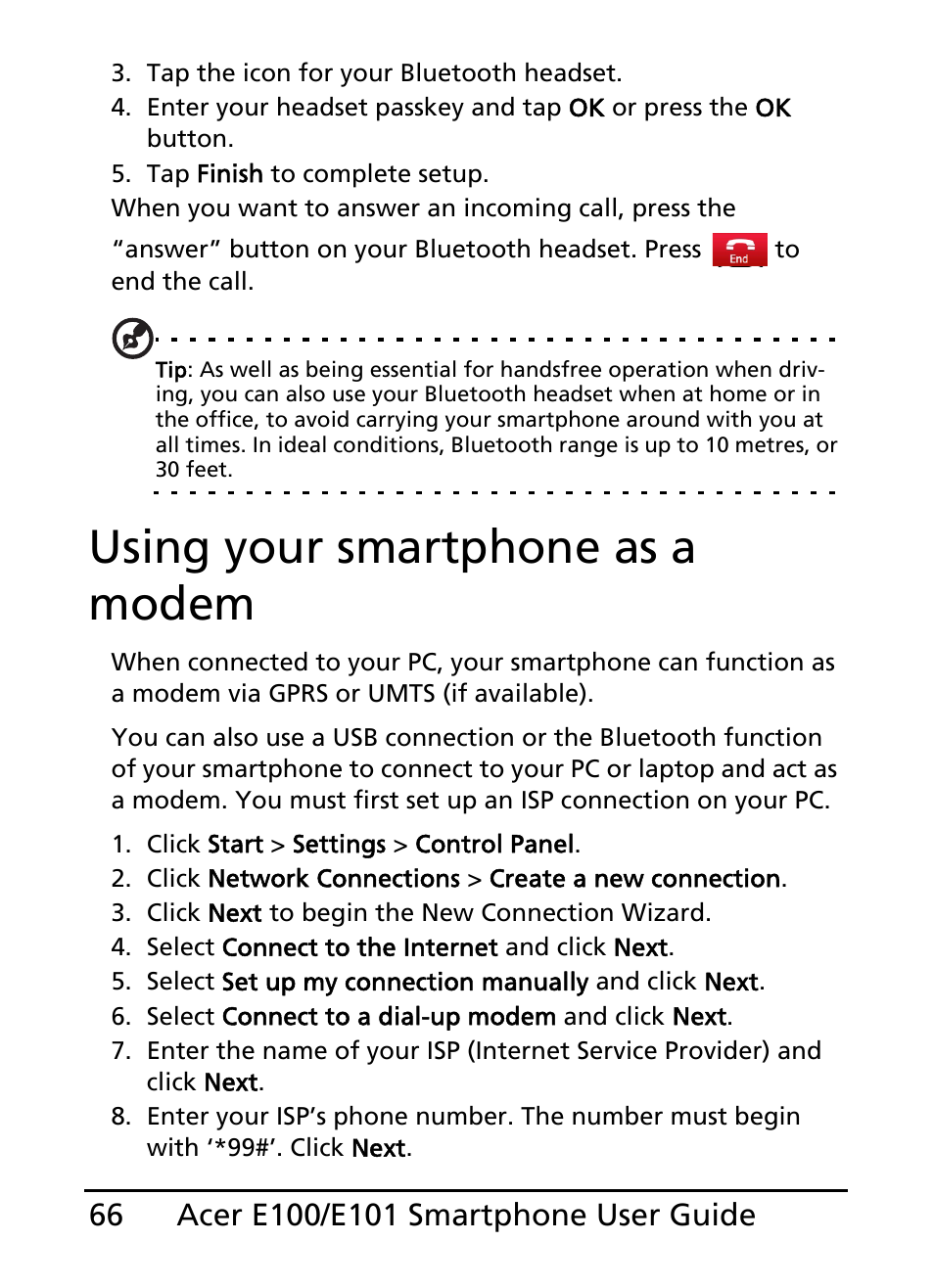 Using your smartphone as a modem | Acer E101 User Manual | Page 66 / 90