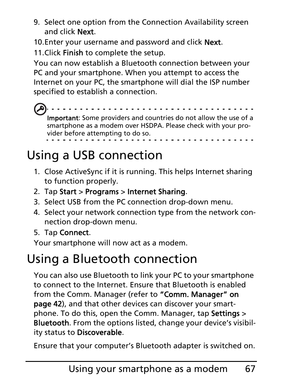 Using a usb connection, Using a bluetooth connection, 67 using your smartphone as a modem | Acer E101 User Manual | Page 67 / 90