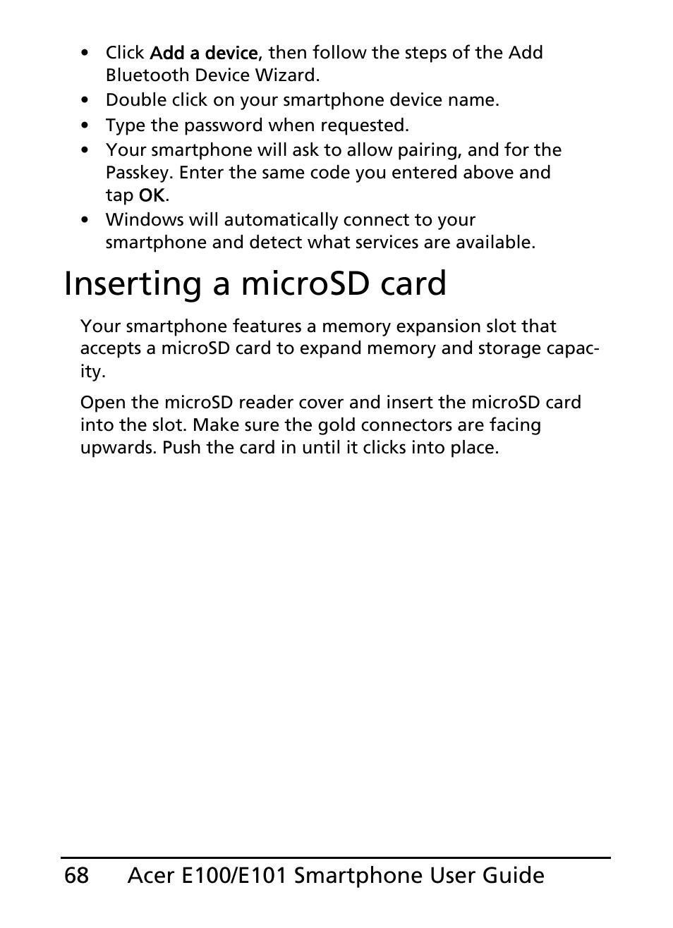 Inserting a microsd card | Acer E101 User Manual | Page 68 / 90