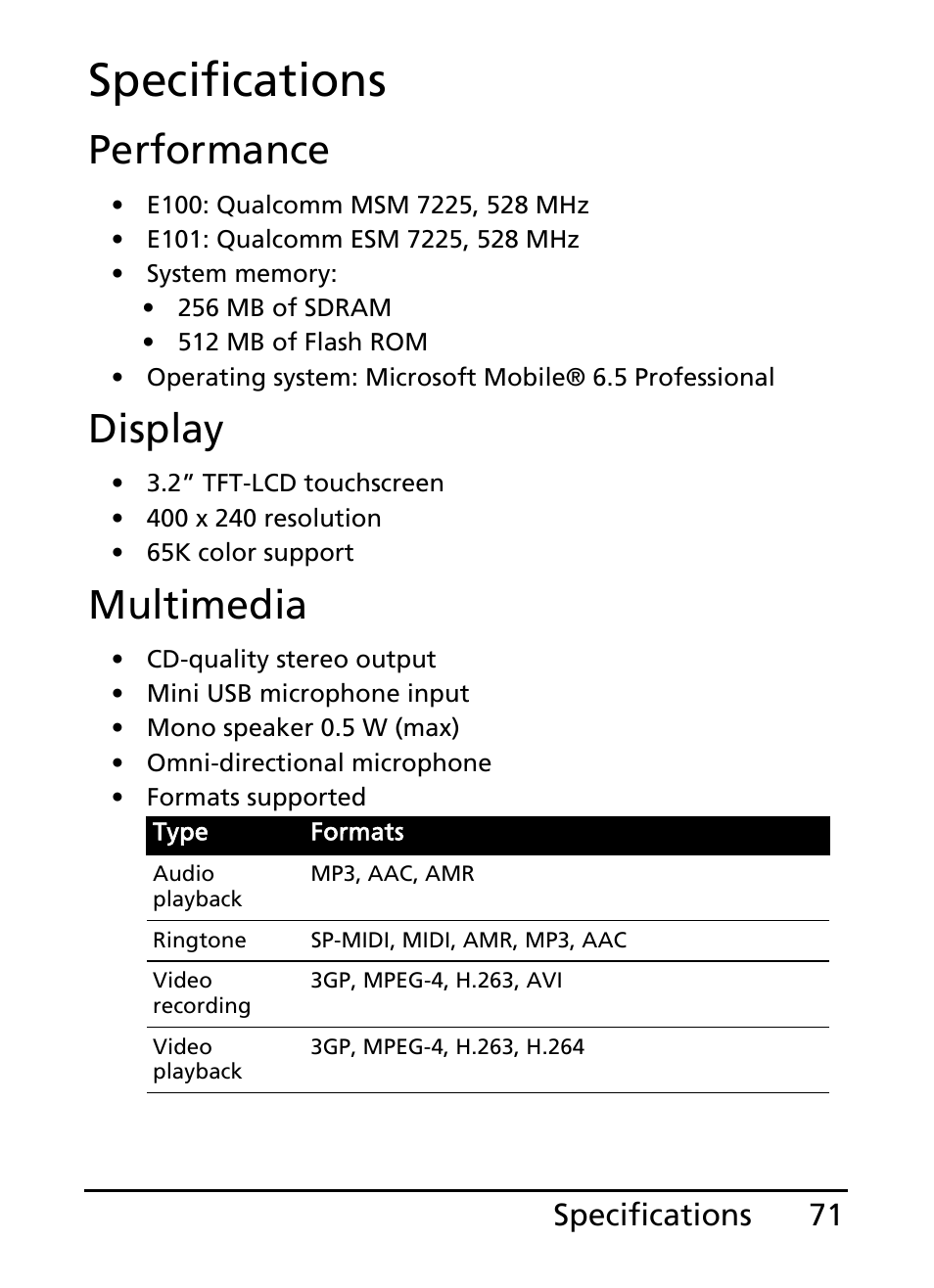 Specifications, Performance, Display | Multimedia, 71 specifications | Acer E101 User Manual | Page 71 / 90