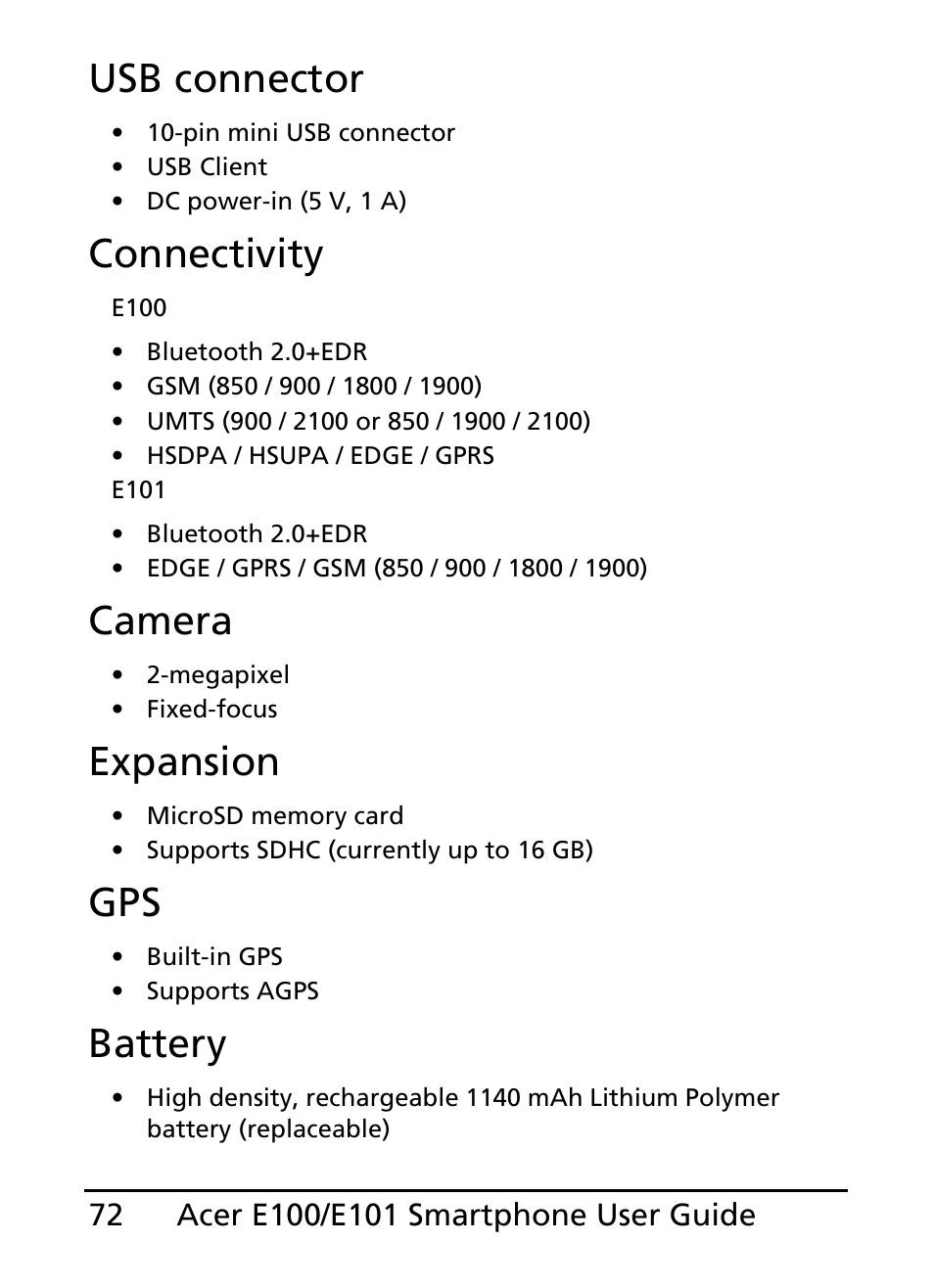 Usb connector, Connectivity, Camera | Expansion, Battery | Acer E101 User Manual | Page 72 / 90