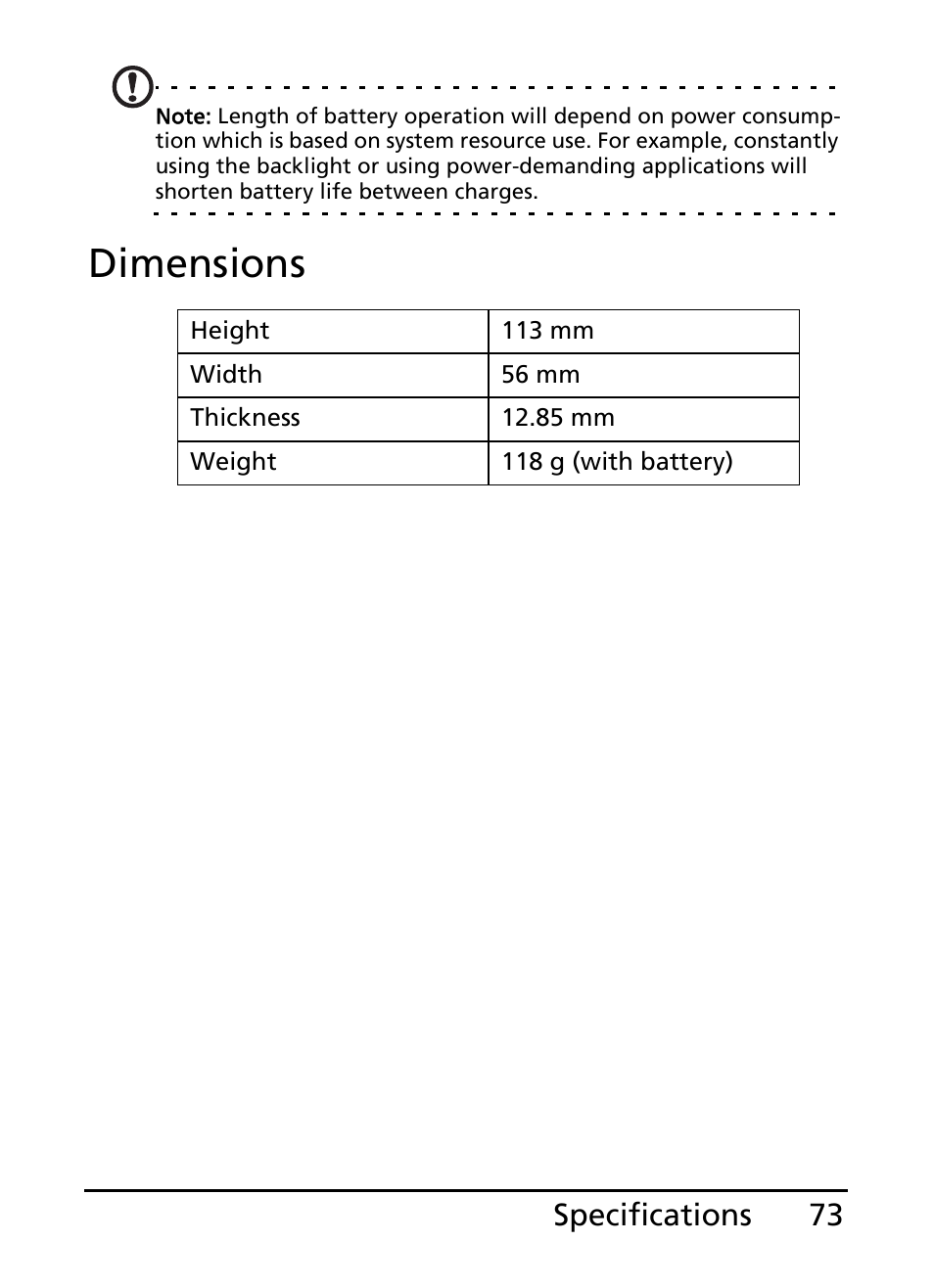 Dimensions, 73 specifications | Acer E101 User Manual | Page 73 / 90