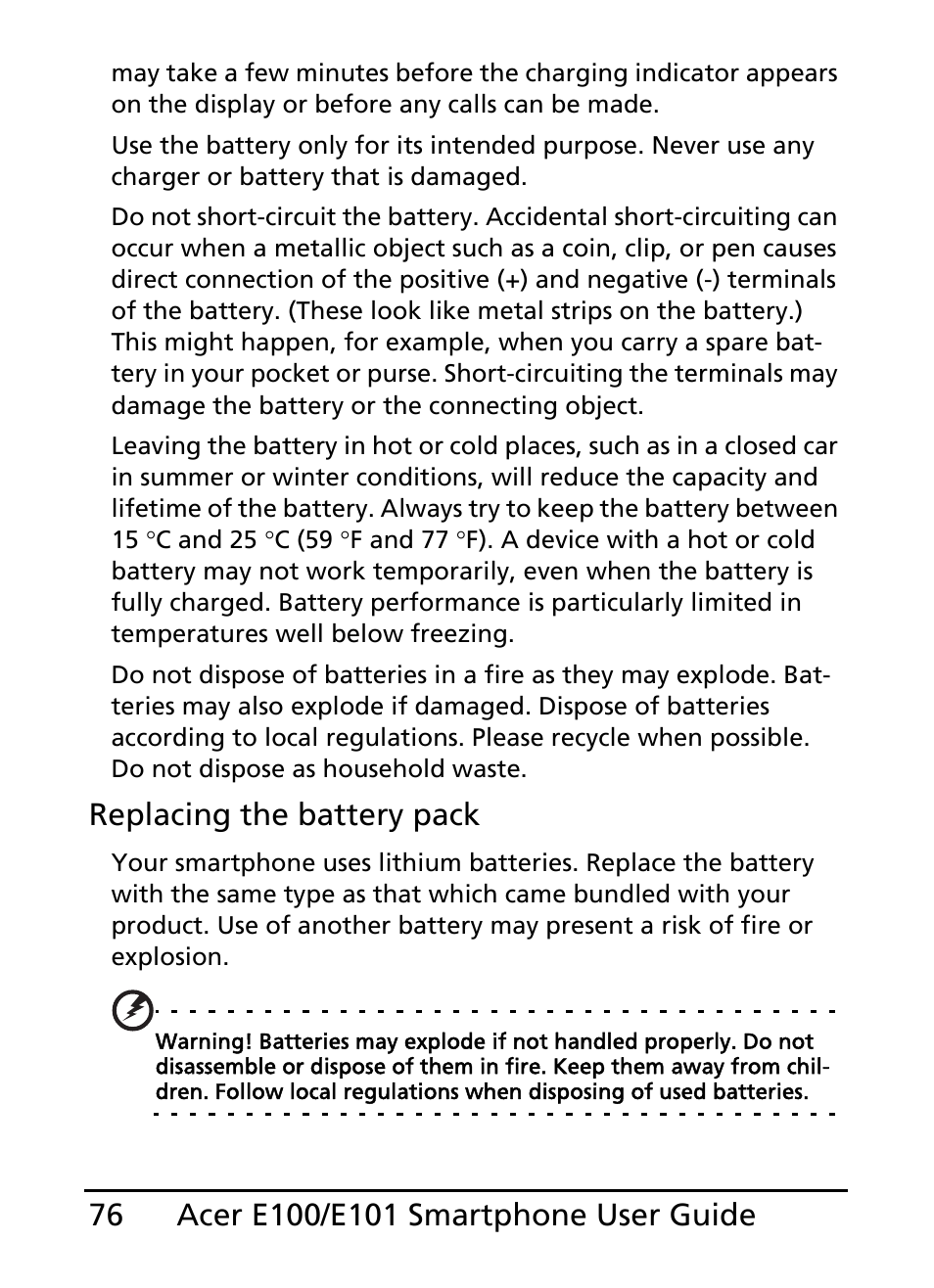 Replacing the battery pack | Acer E101 User Manual | Page 76 / 90