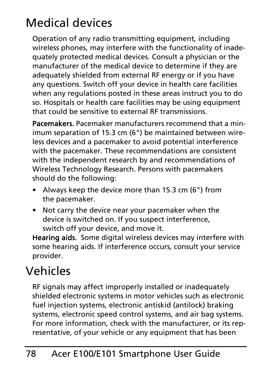 Medical devices, Vehicles | Acer E101 User Manual | Page 78 / 90