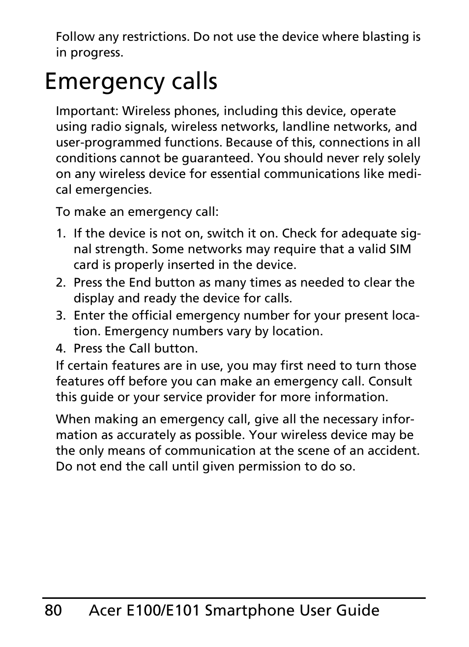 Emergency calls | Acer E101 User Manual | Page 80 / 90