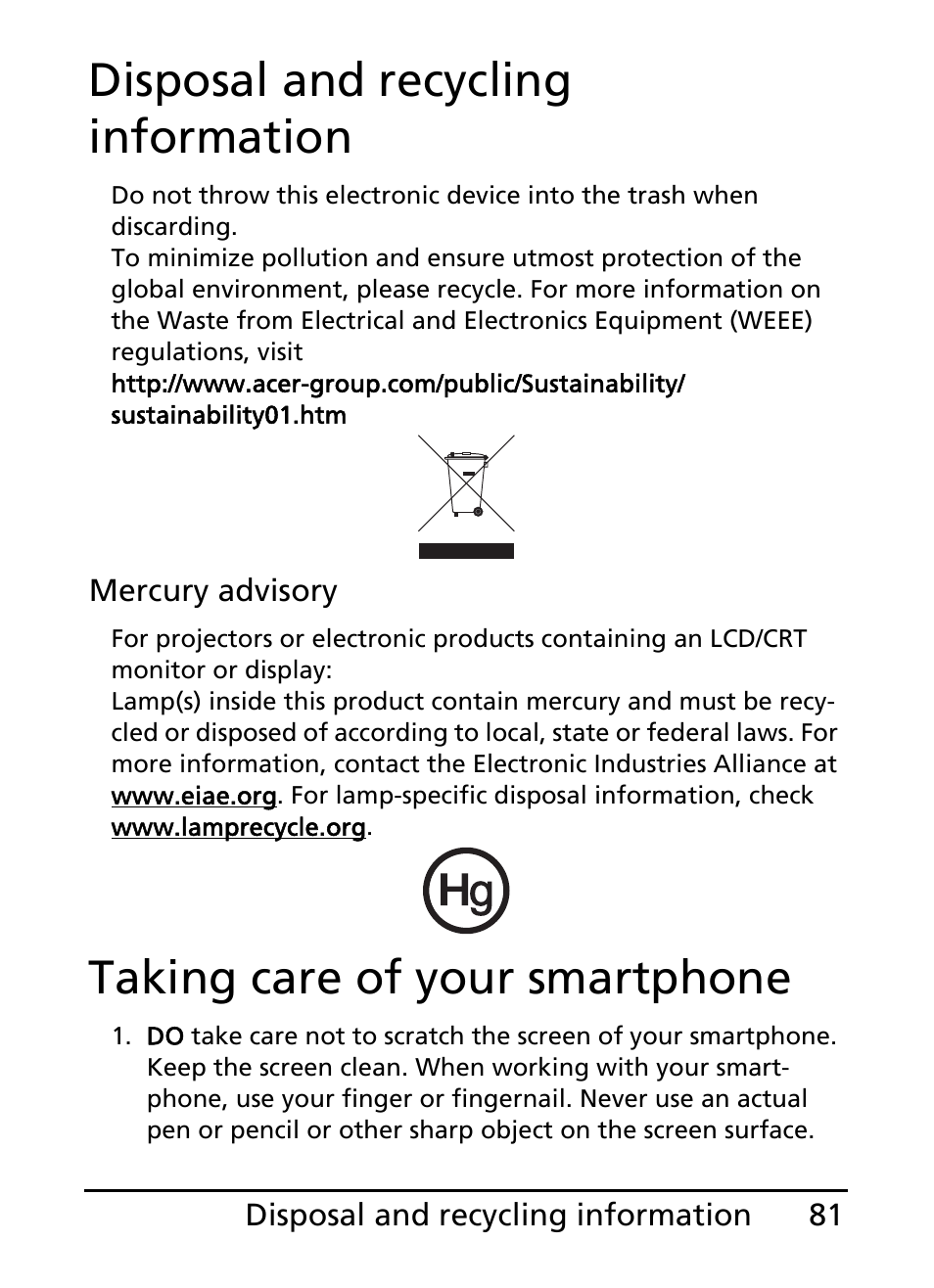 Disposal and recycling information, Taking care of your smartphone | Acer E101 User Manual | Page 81 / 90