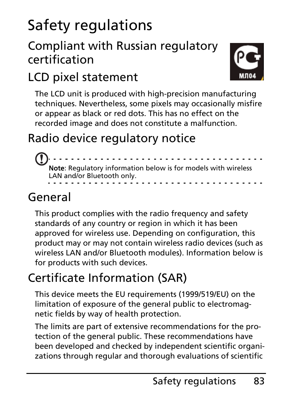 Safety regulations, Radio device regulatory notice, General | Certificate information (sar) | Acer E101 User Manual | Page 83 / 90