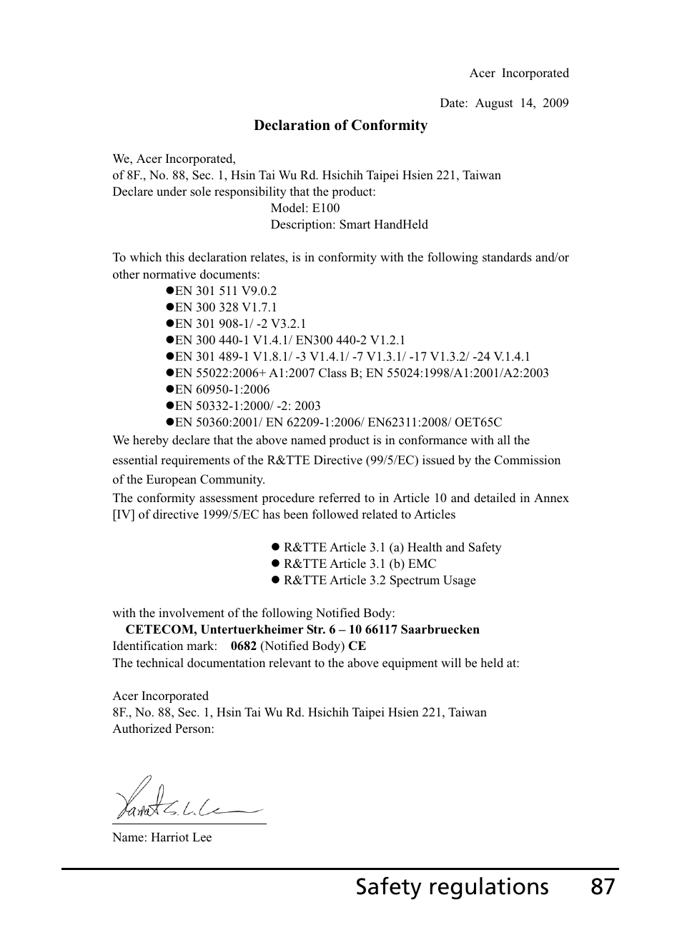 87 safety regulations | Acer E101 User Manual | Page 87 / 90