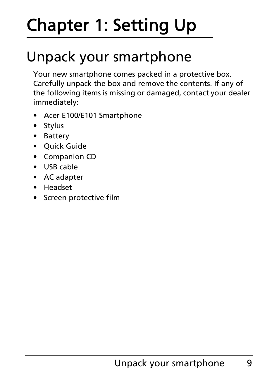 Unpack your smartphone, Chapter 1: setting up | Acer E101 User Manual | Page 9 / 90