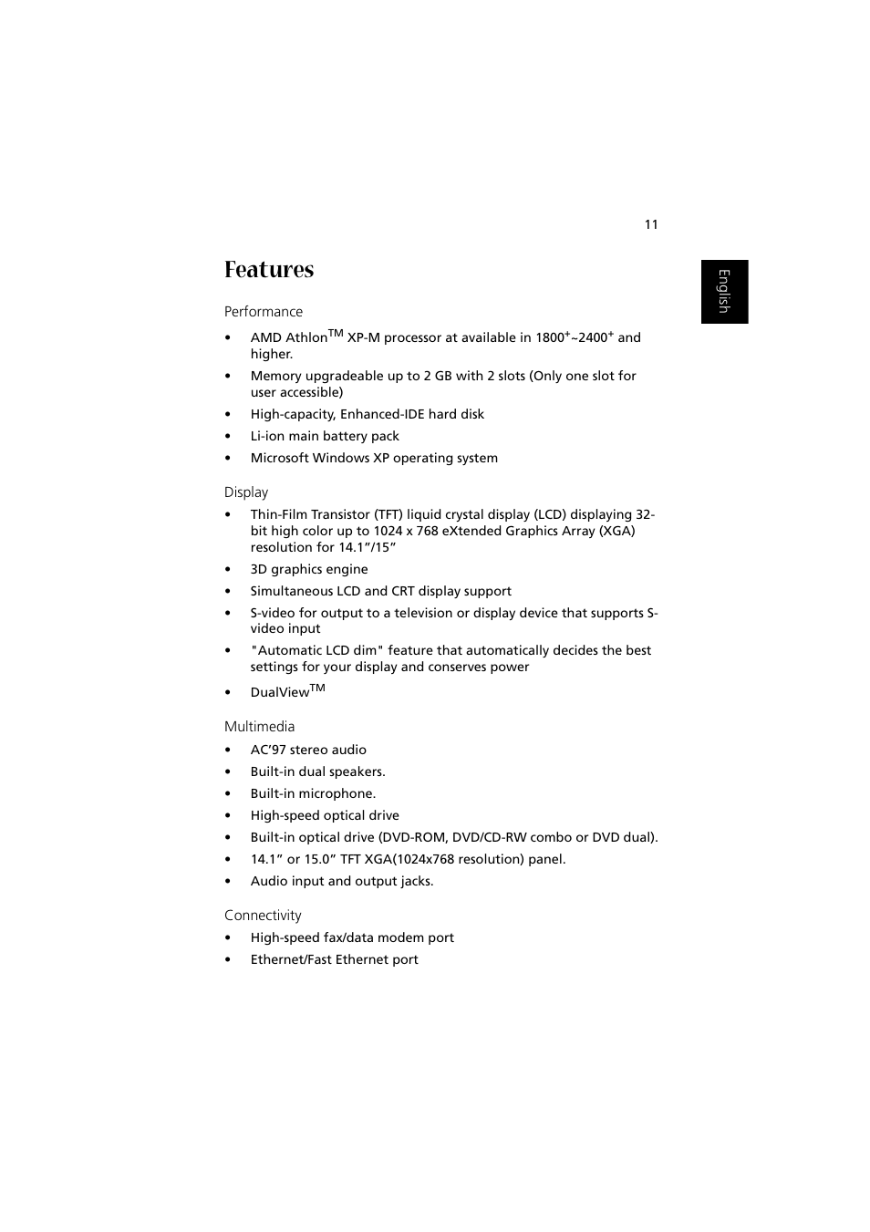 Features | Acer 1450 User Manual | Page 21 / 99