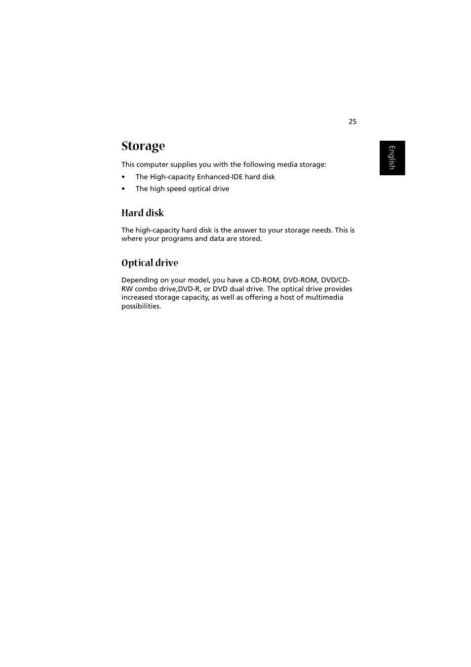 Storage, Hard disk, Optical drive | Acer 1450 User Manual | Page 35 / 99