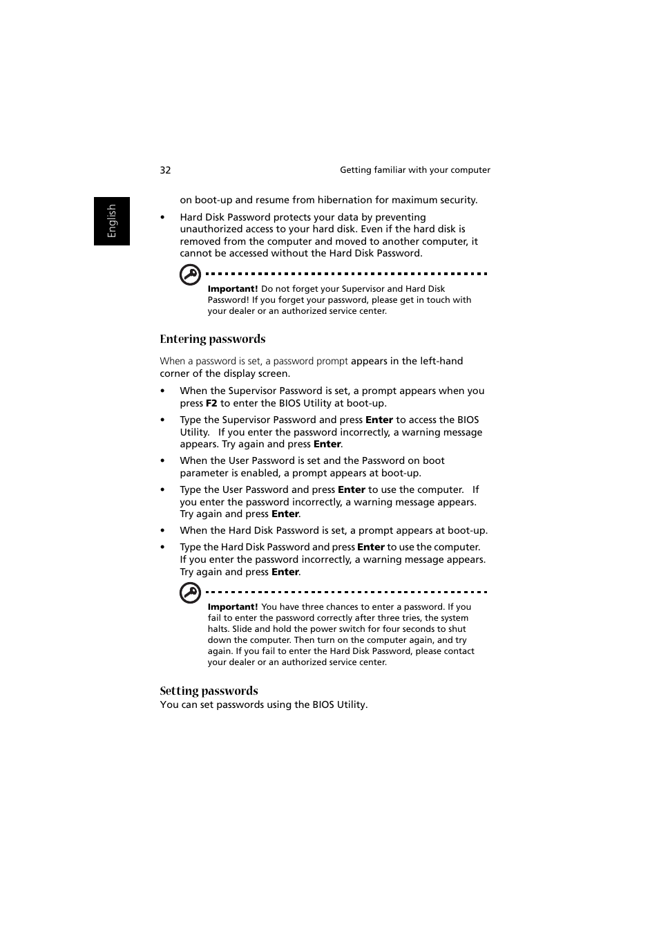 Entering passwords, Setting passwords | Acer 1450 User Manual | Page 42 / 99