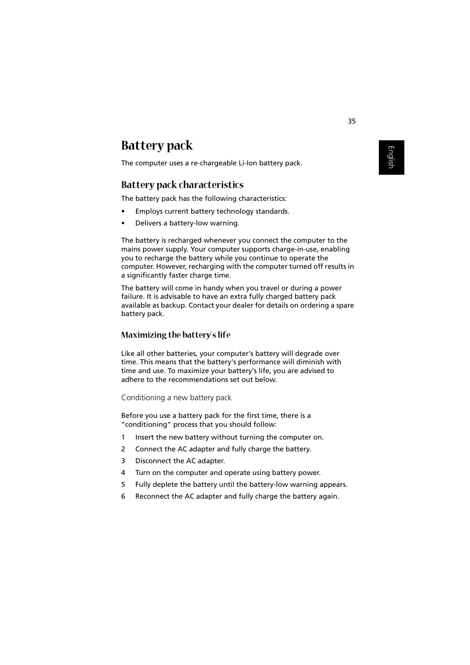 Battery pack, Battery pack characteristics, Maximizing the battery's life | Acer 1450 User Manual | Page 45 / 99
