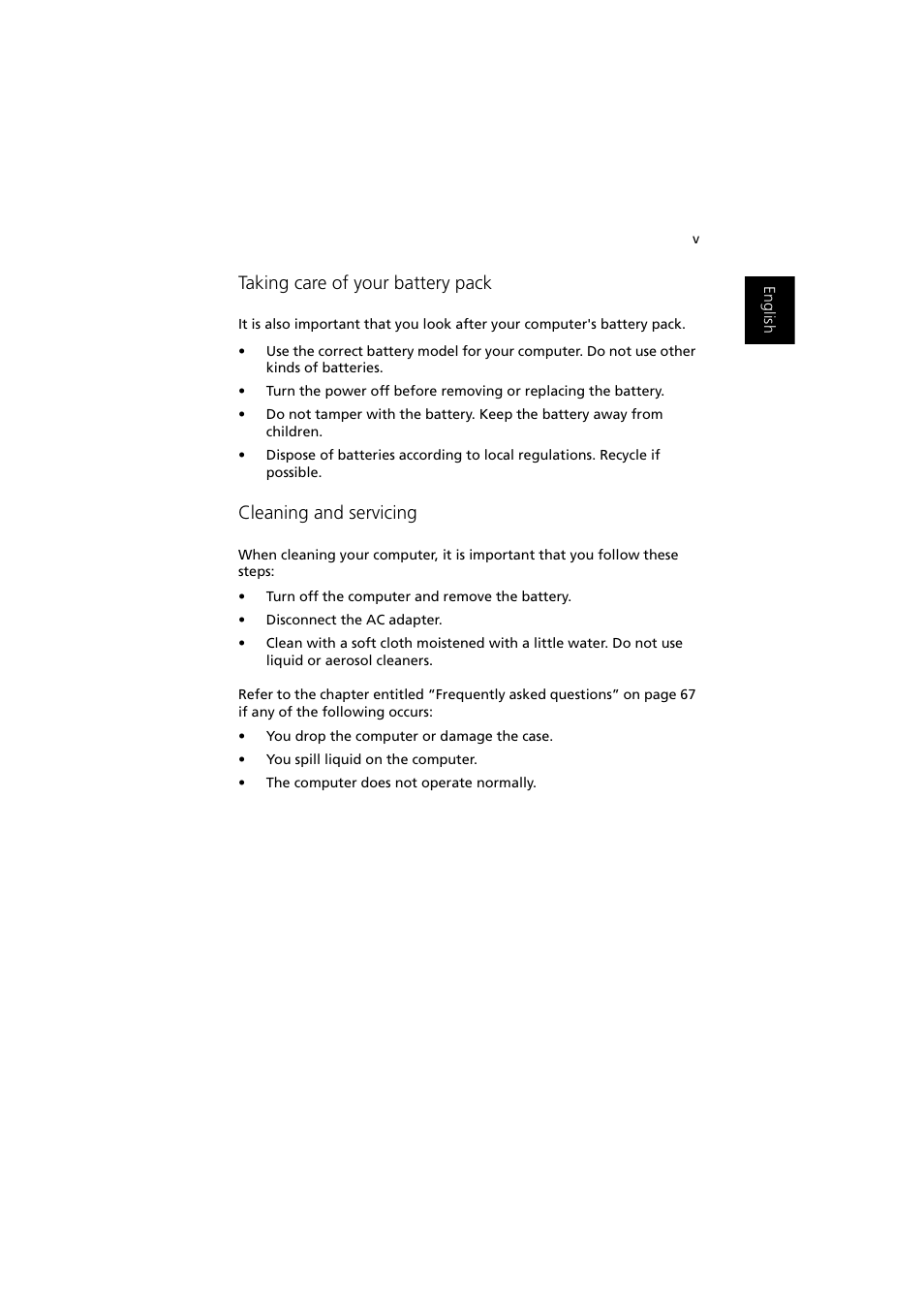 Taking care of your battery pack, Cleaning and servicing | Acer 1450 User Manual | Page 5 / 99