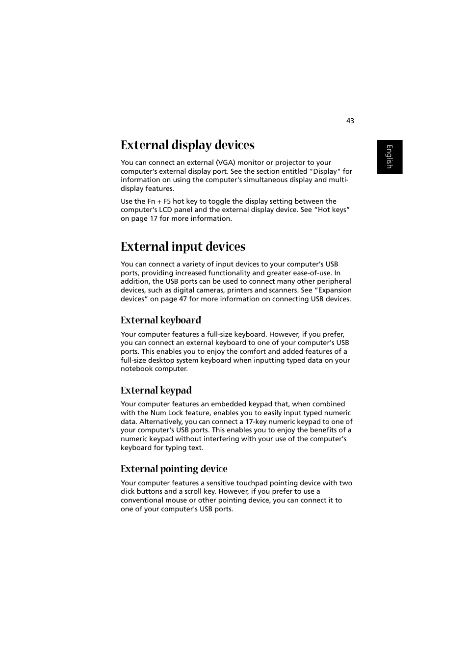 External display devices, External input devices, External keyboard | External keypad, External pointing device | Acer 1450 User Manual | Page 53 / 99