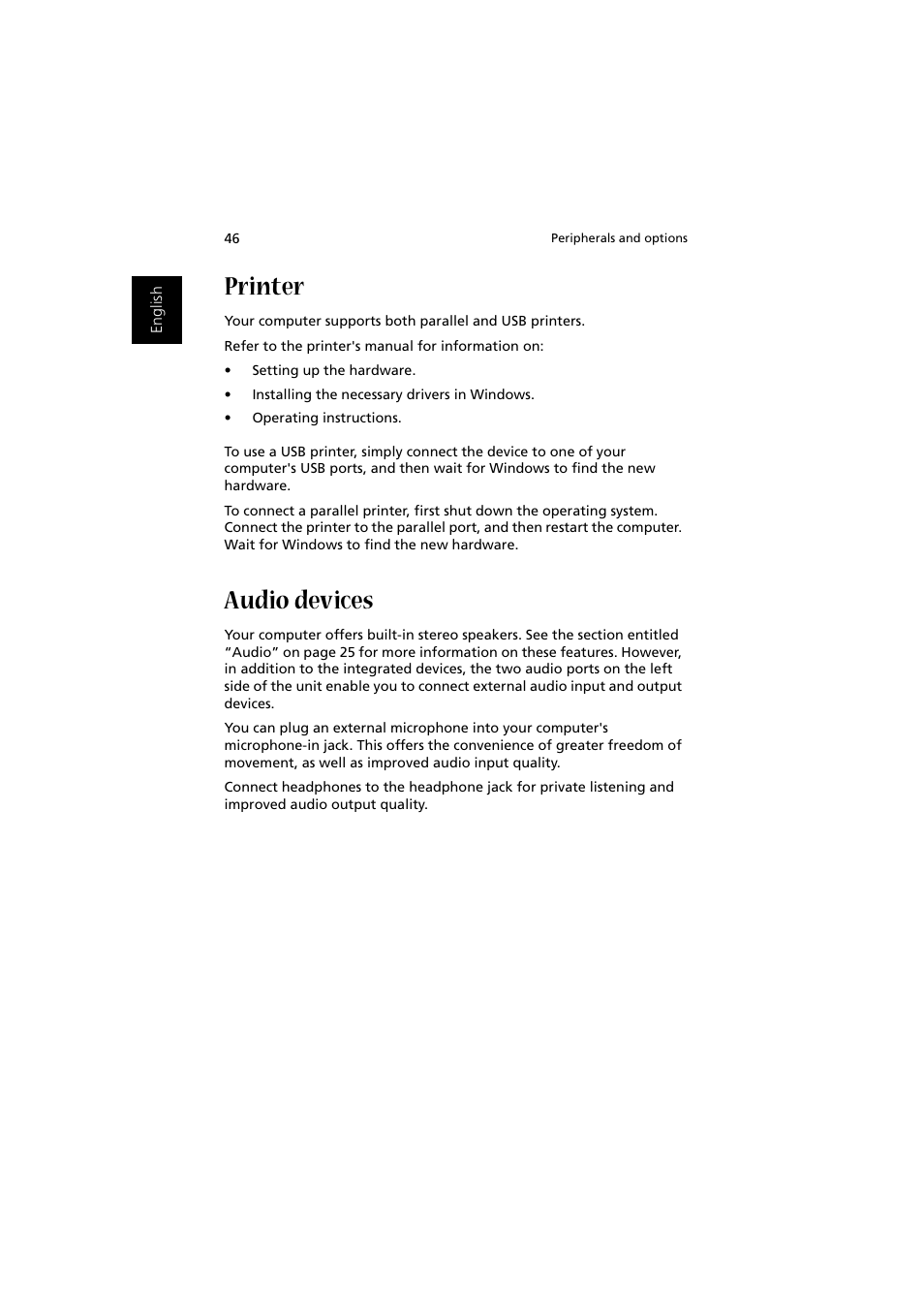 Printer, Audio devices | Acer 1450 User Manual | Page 56 / 99