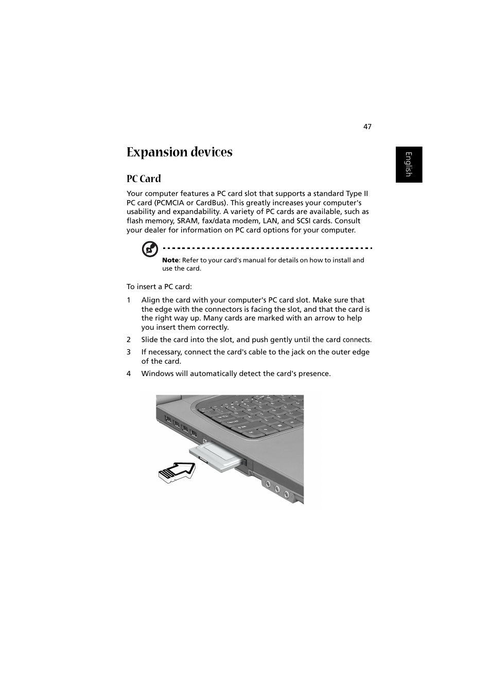 Expansion devices, Pc card | Acer 1450 User Manual | Page 57 / 99