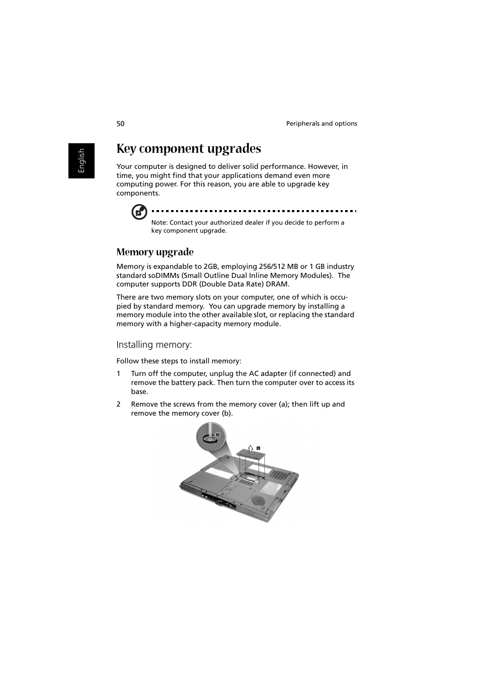 Key component upgrades, Memory upgrade | Acer 1450 User Manual | Page 60 / 99