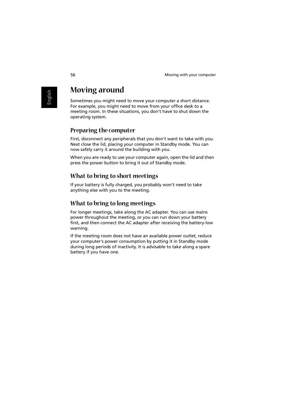 Moving around, Preparing the computer, What to bring to short meetings | What to bring to long meetings | Acer 1450 User Manual | Page 66 / 99