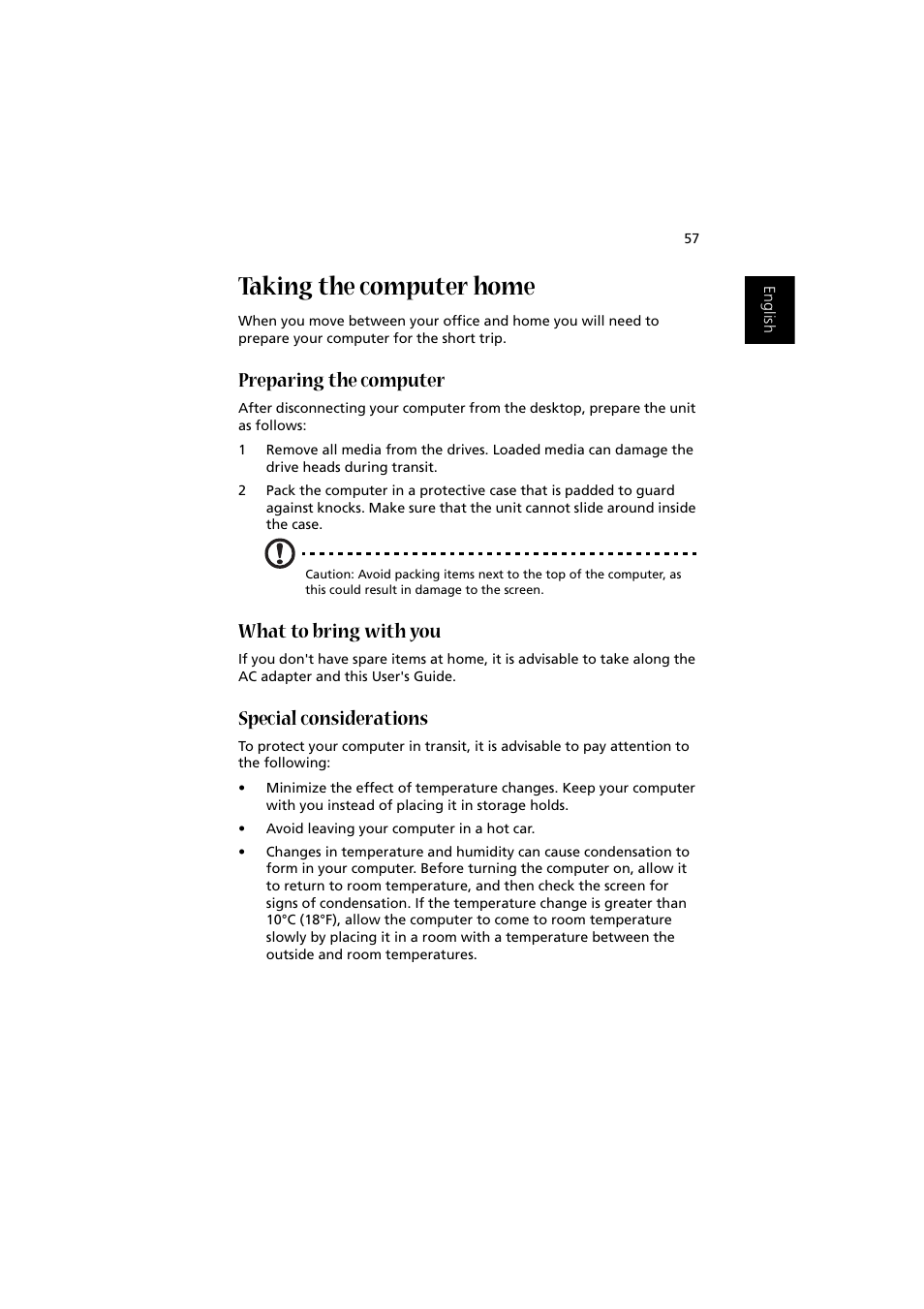 Taking the computer home, Preparing the computer, What to bring with you | Special considerations | Acer 1450 User Manual | Page 67 / 99