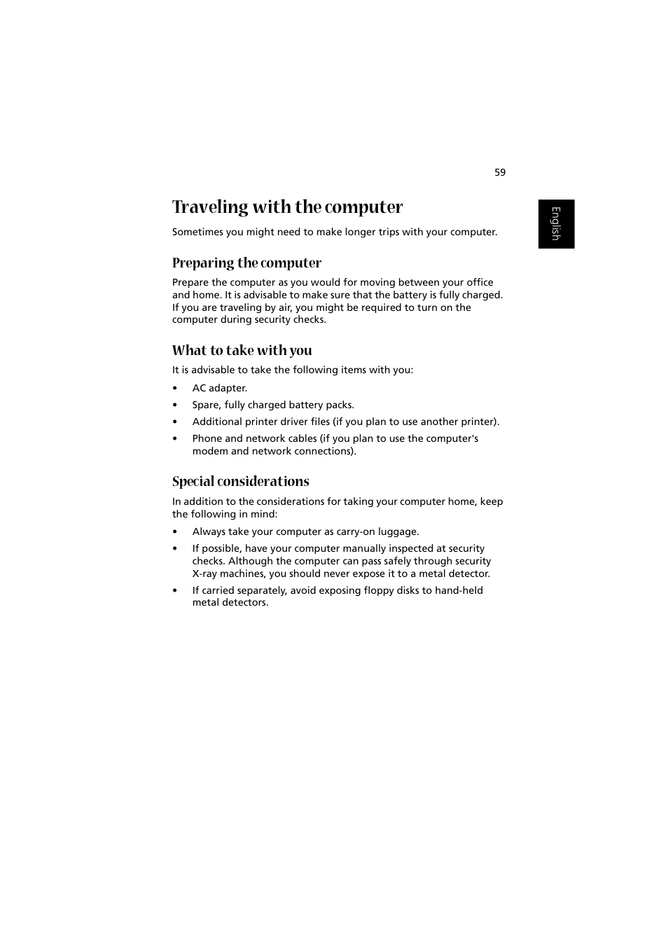 Traveling with the computer, Preparing the computer, What to take with you | Special considerations | Acer 1450 User Manual | Page 69 / 99