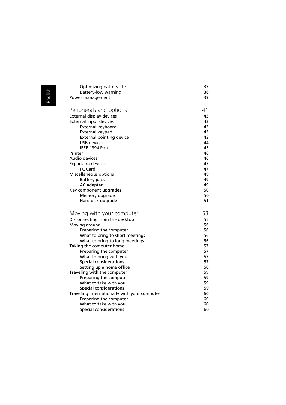 Peripherals and options 41, Moving with your computer 53 | Acer 1450 User Manual | Page 8 / 99